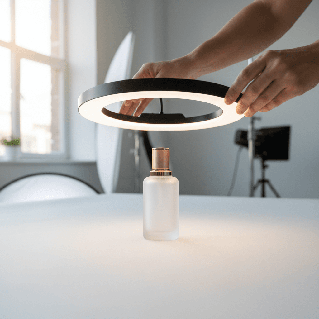 Photographer adjusting ring light above luxury skincare product on white backdrop in professional studio