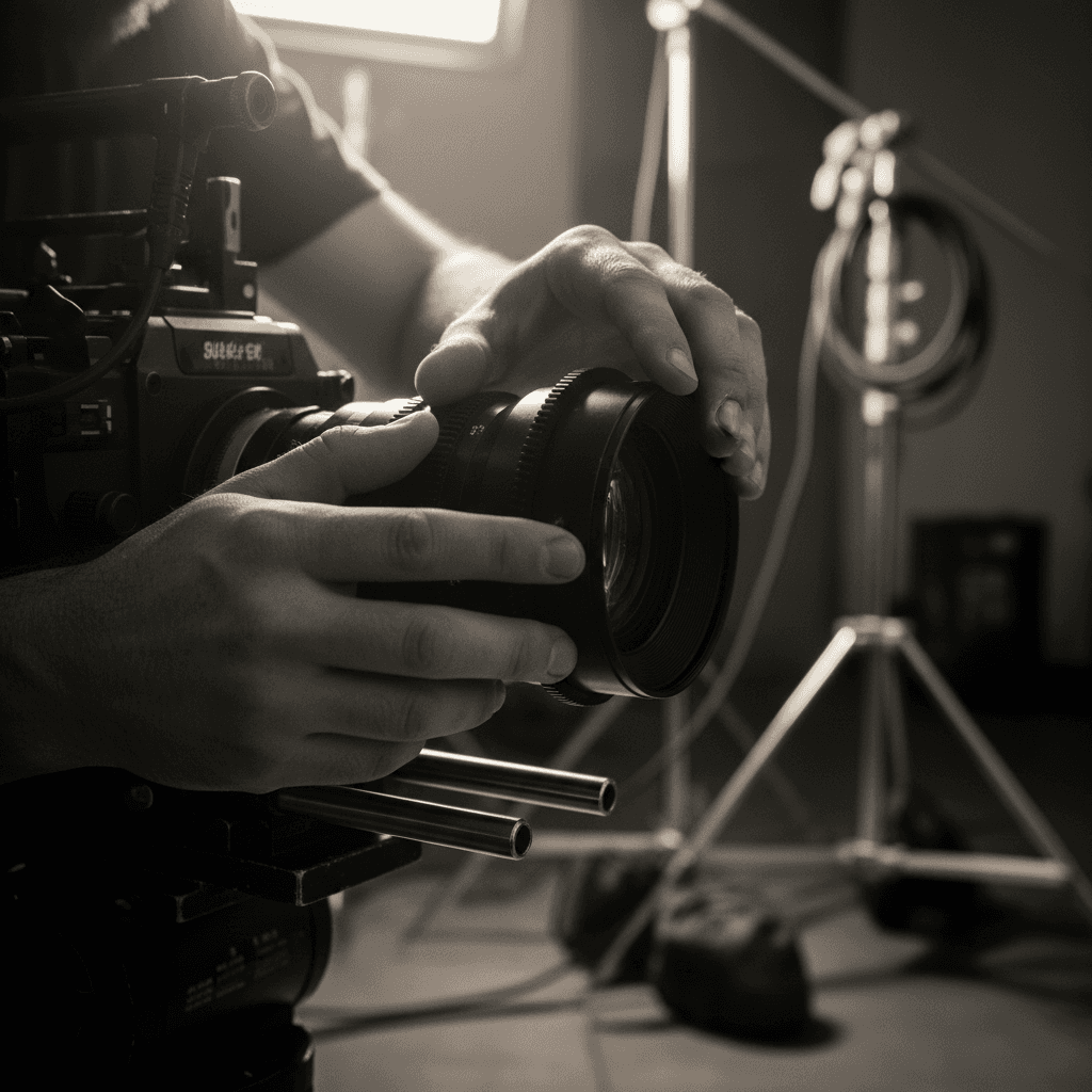 Filmmaker adjusting professional cinema camera lens in dramatic studio lighting, showcasing cinematographic precision and equipment