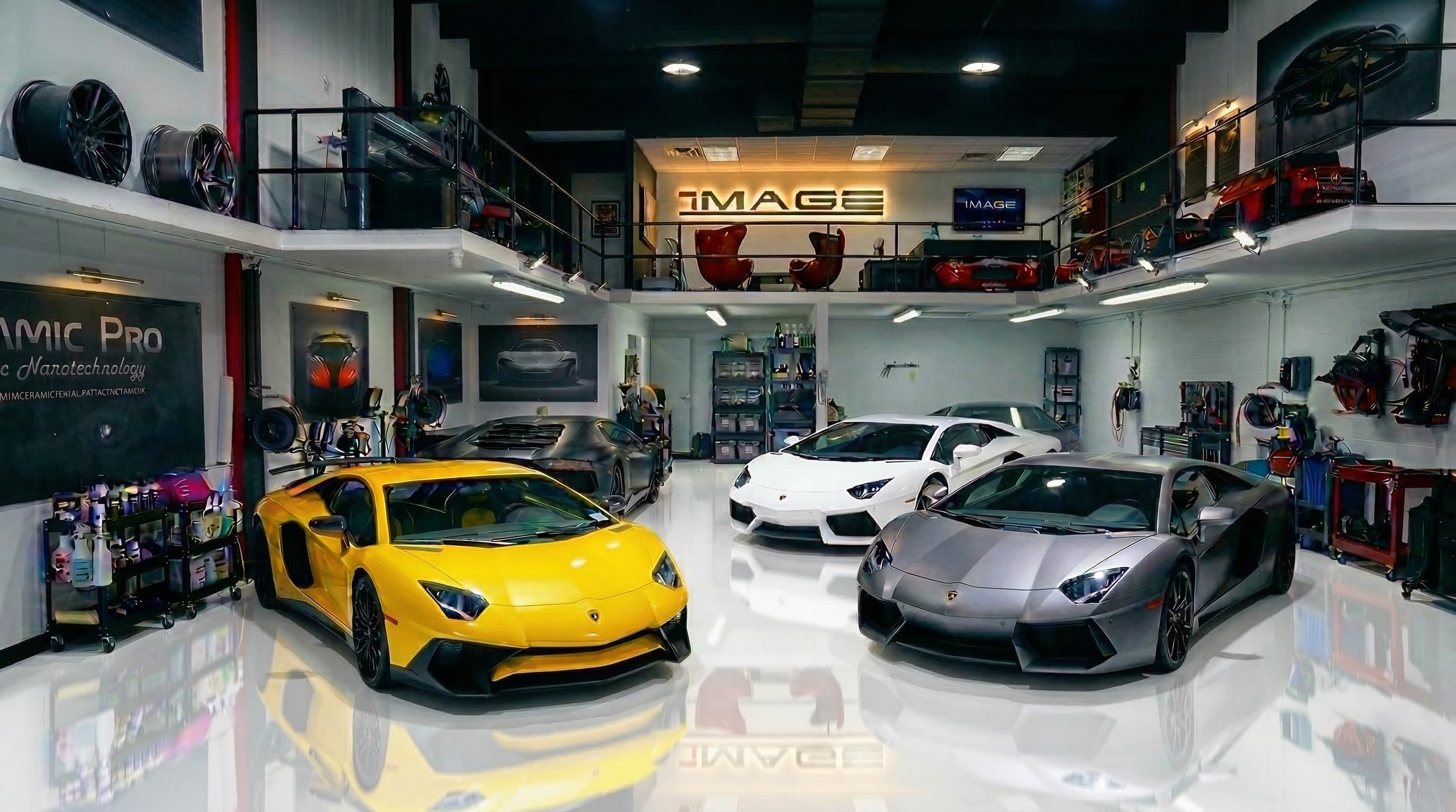 Vários Lamborghinis Aventador em uma oficina de detalhamento automotivo de luxo com piso branco.