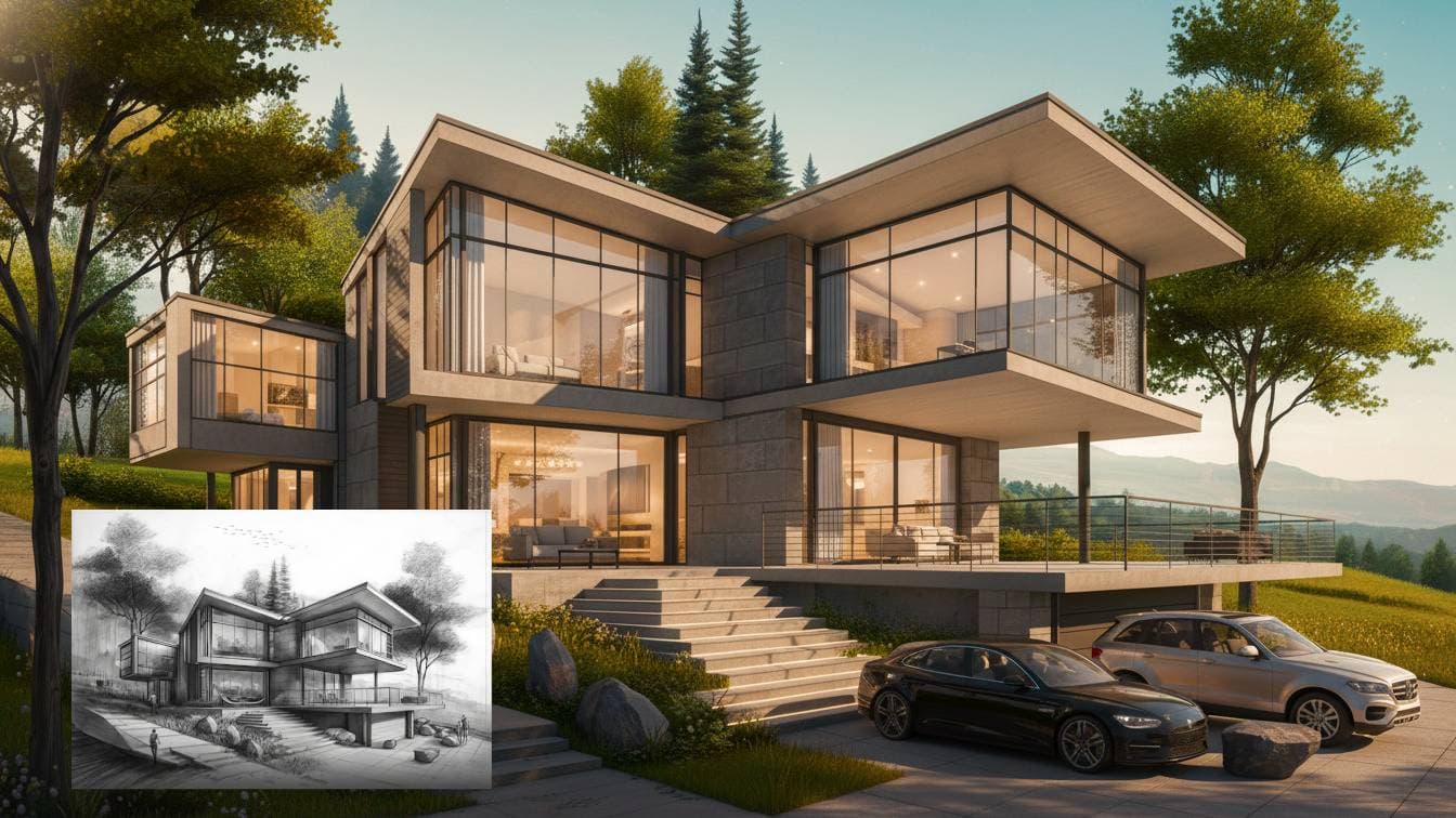 Casa moderna de luxo com grandes janelas, carros estacionados e um esboço artístico sobreposto.