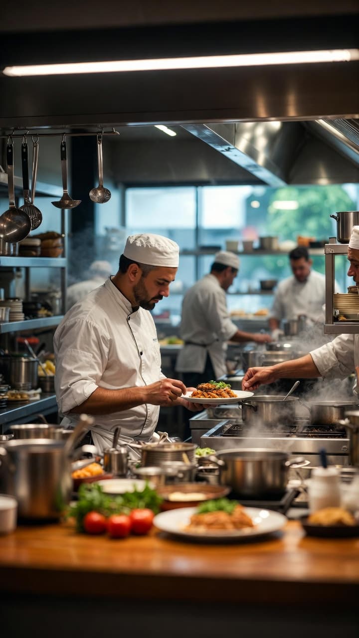 Chef finalizando prato em cozinha profissional movimentada com panelas fumegantes e equipe ao fundo.