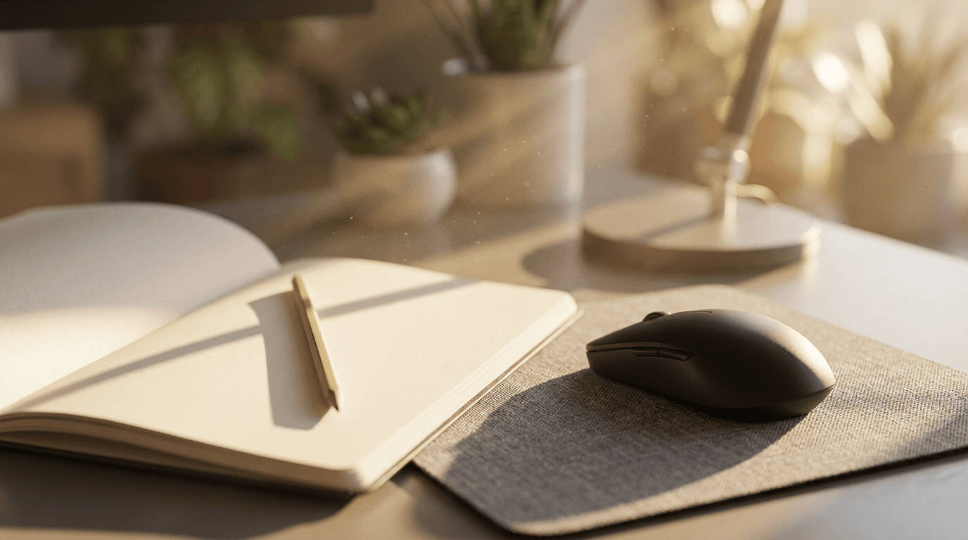 Designer's desk with mouse, notebook, and pencil in golden sunlight with soft bokeh background