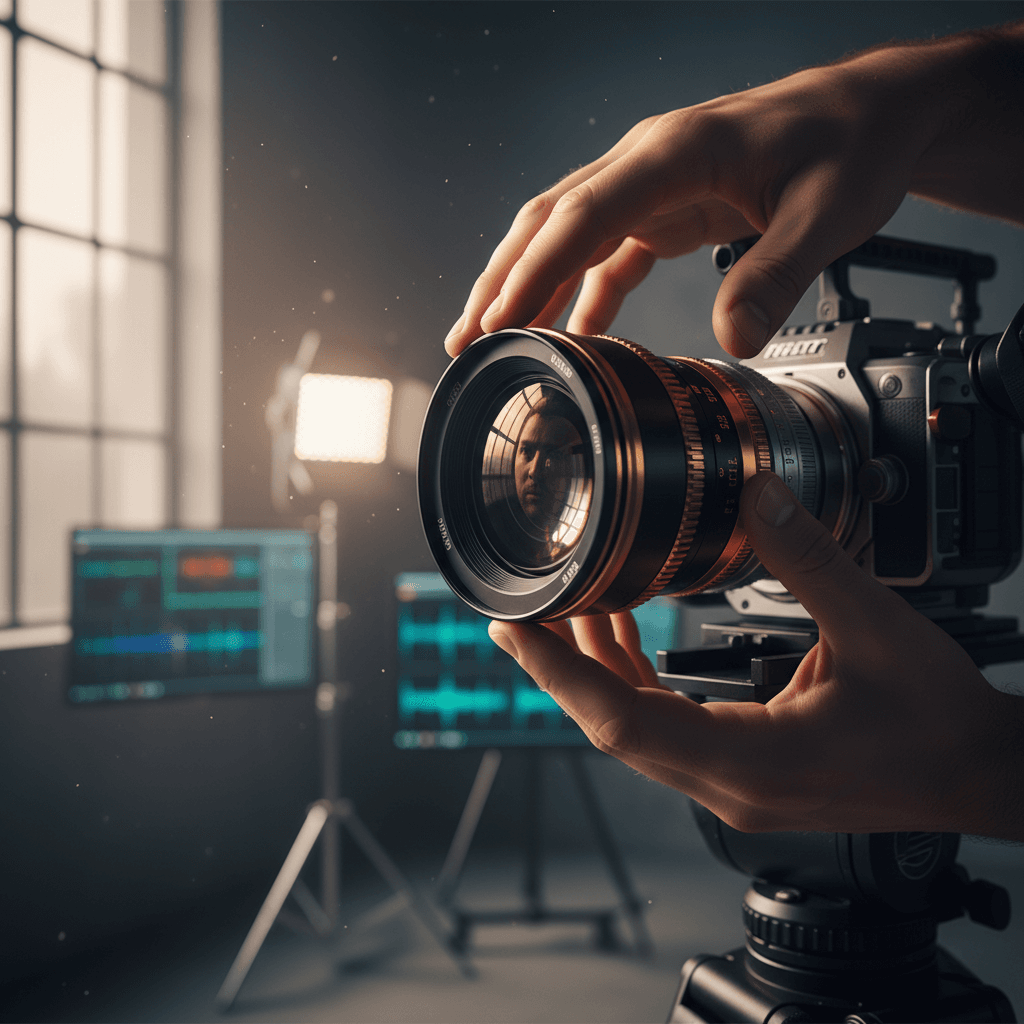 Cinematographer's hands adjusting professional cinema camera lens in modern studio with soft window lighting