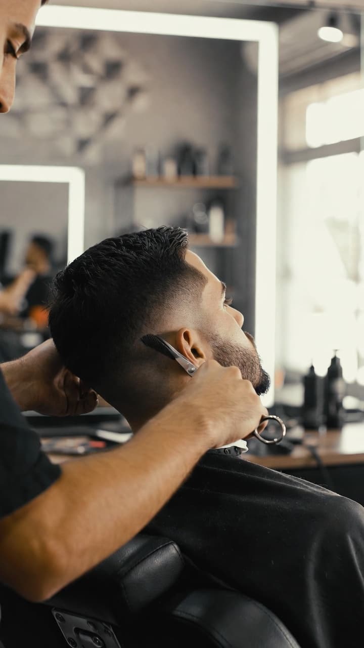 Barbeiro finaliza corte de cabelo degradê masculino com tesoura e pente em uma barbearia.
