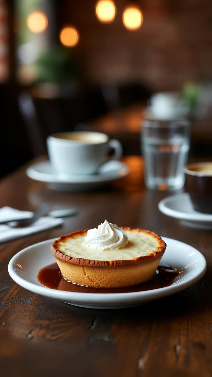 Tortinha de queijo com chantilly e calda de caramelo em prato branco sobre mesa rústica.