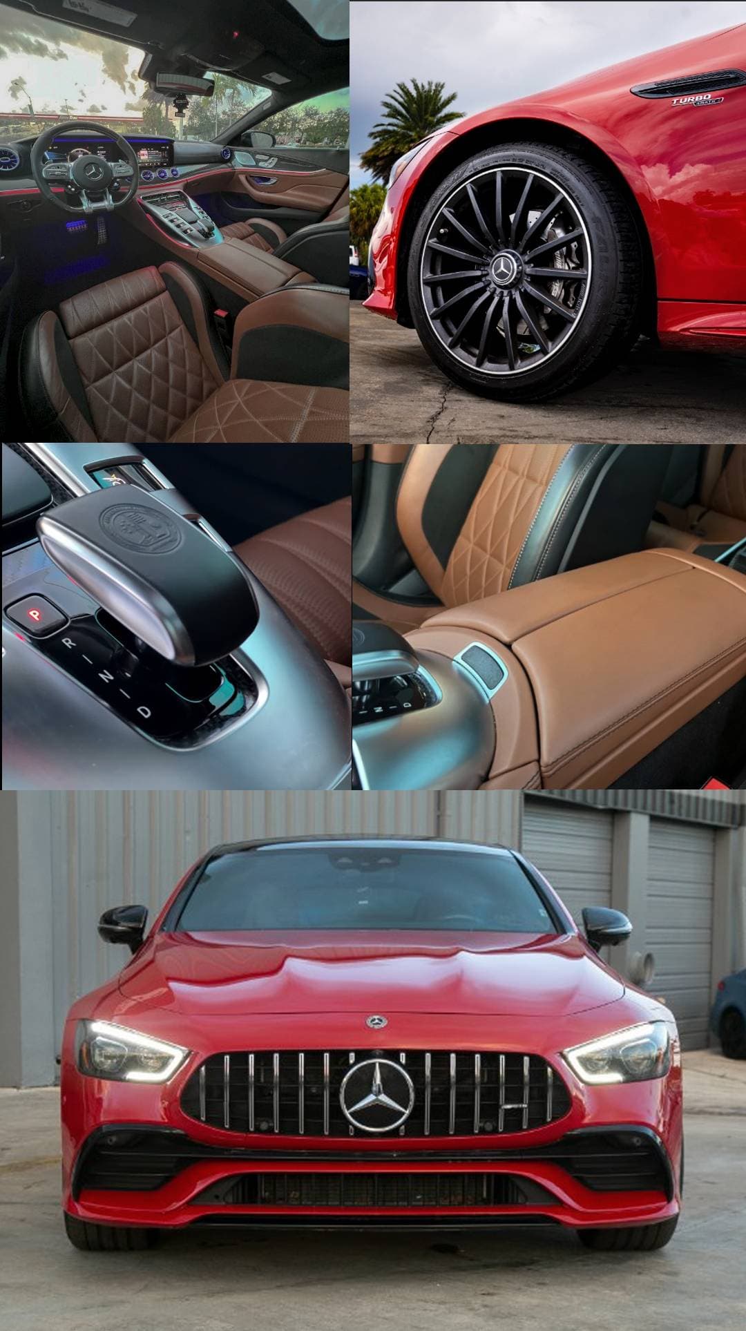 Colagem de um Mercedes-Benz AMG vermelho com interior em couro marrom e detalhes de design.